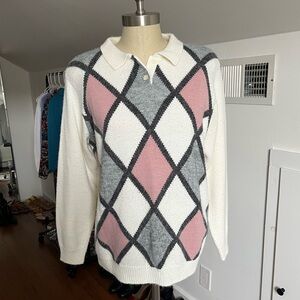 Vintage Alfred Dunner collared argyle sweater in cream, pink, and gray